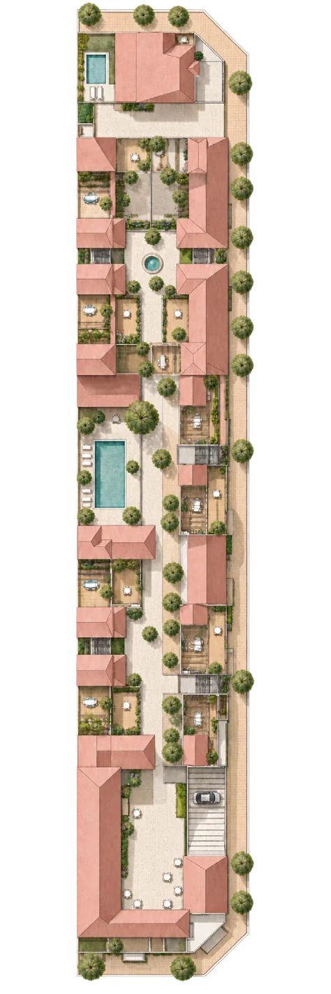 Implantación de Algaria: patios, pileta, plaza con fuente y cochera
